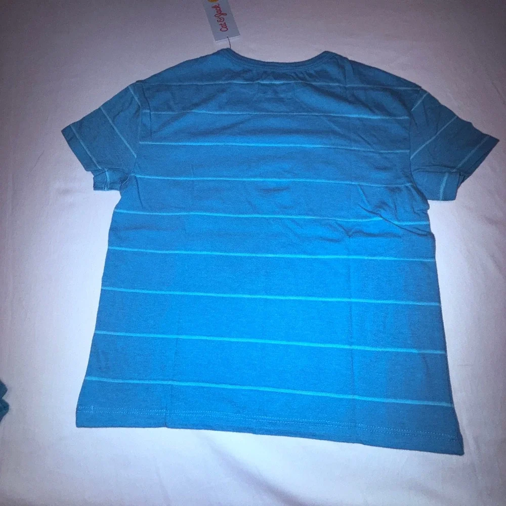 Cat & Jack T-Shirt‎ Kids S 6/7 Teal New Striped Pocket Short Sleeve Tee